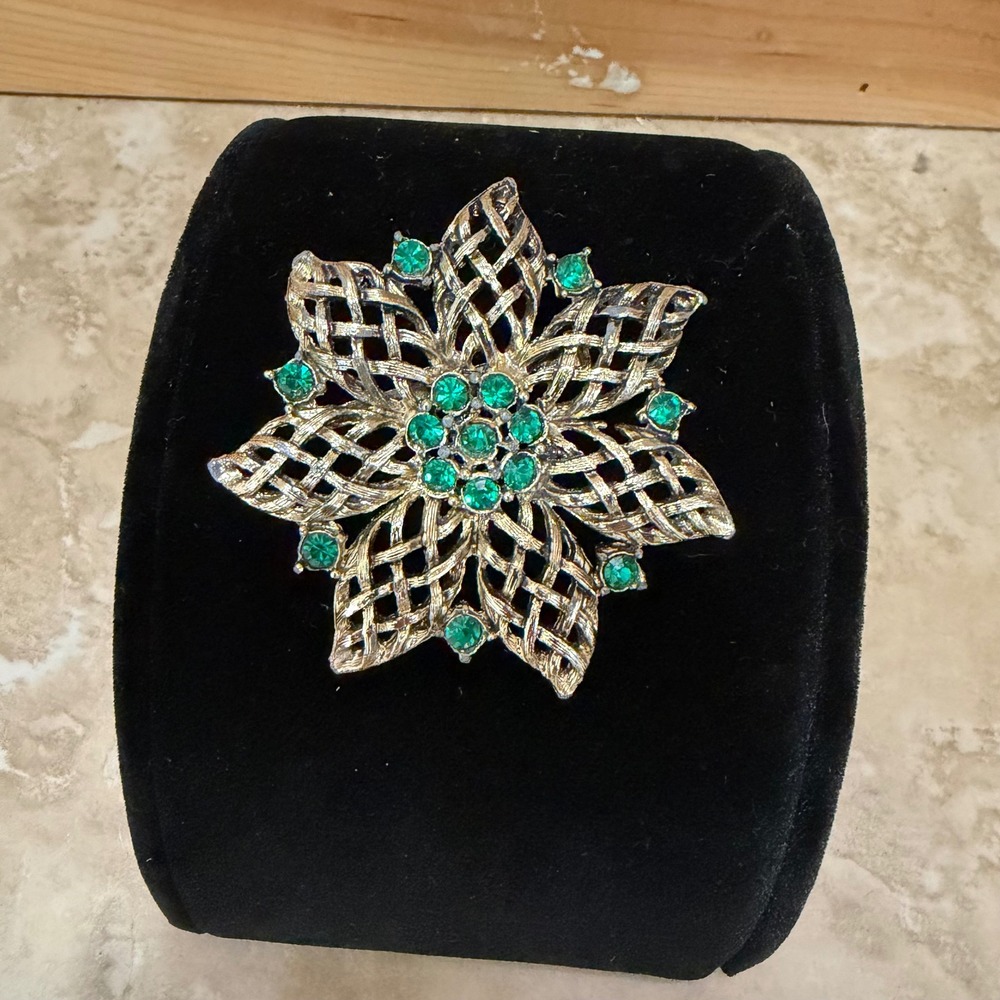Vintage Starburst Brooch Women Gold Emerald‎ Green Rhinestone Lattice Floral Pin